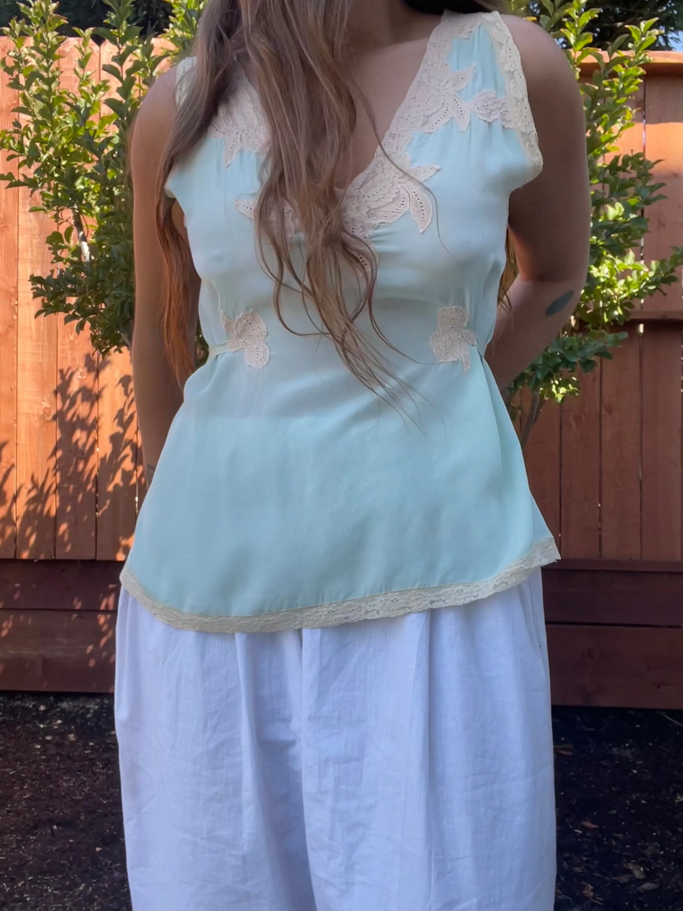 1930s Mint Silk Inset Lace Tie Waist Lounge Blouse