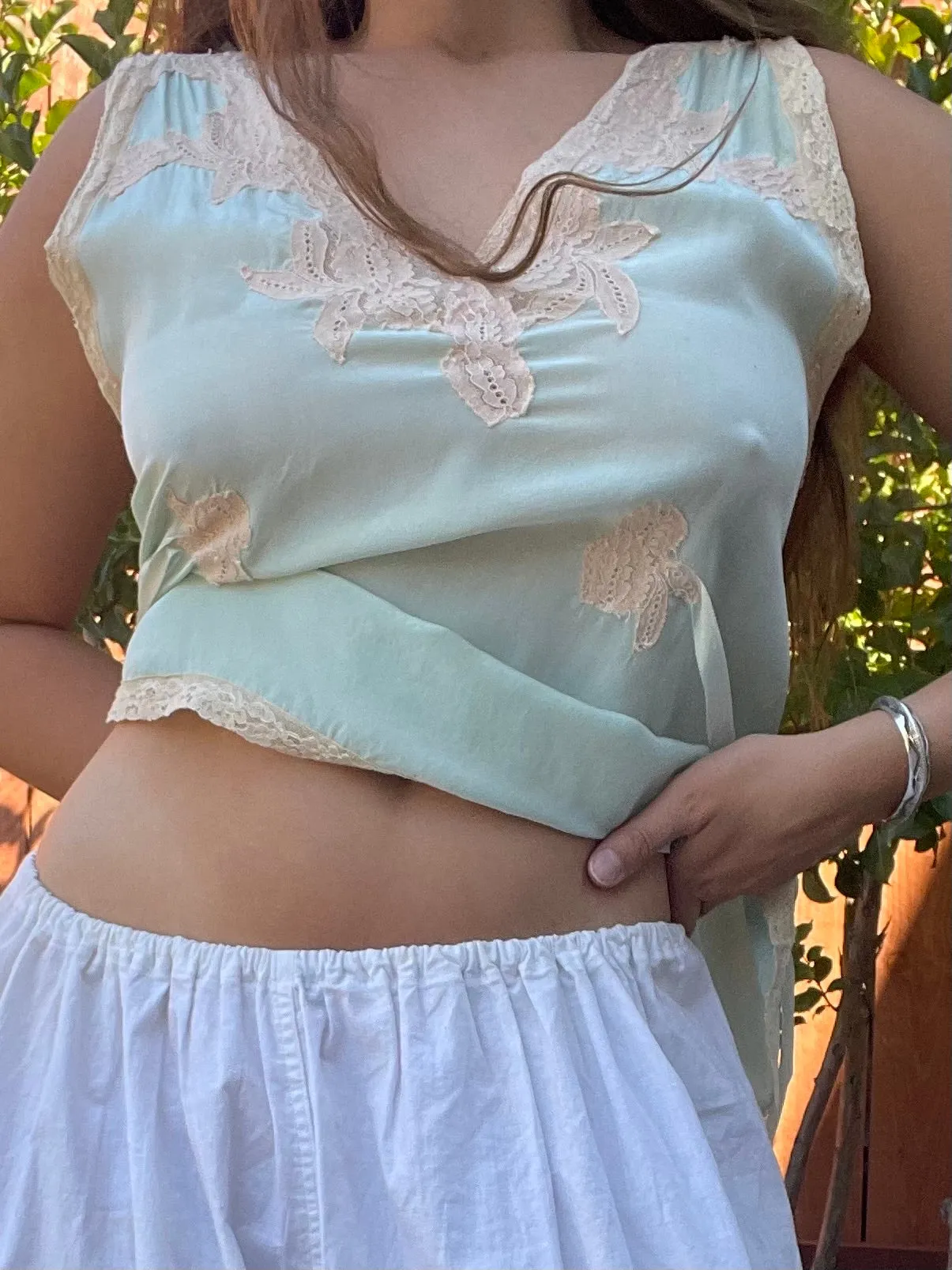 1930s Mint Silk Inset Lace Tie Waist Lounge Blouse