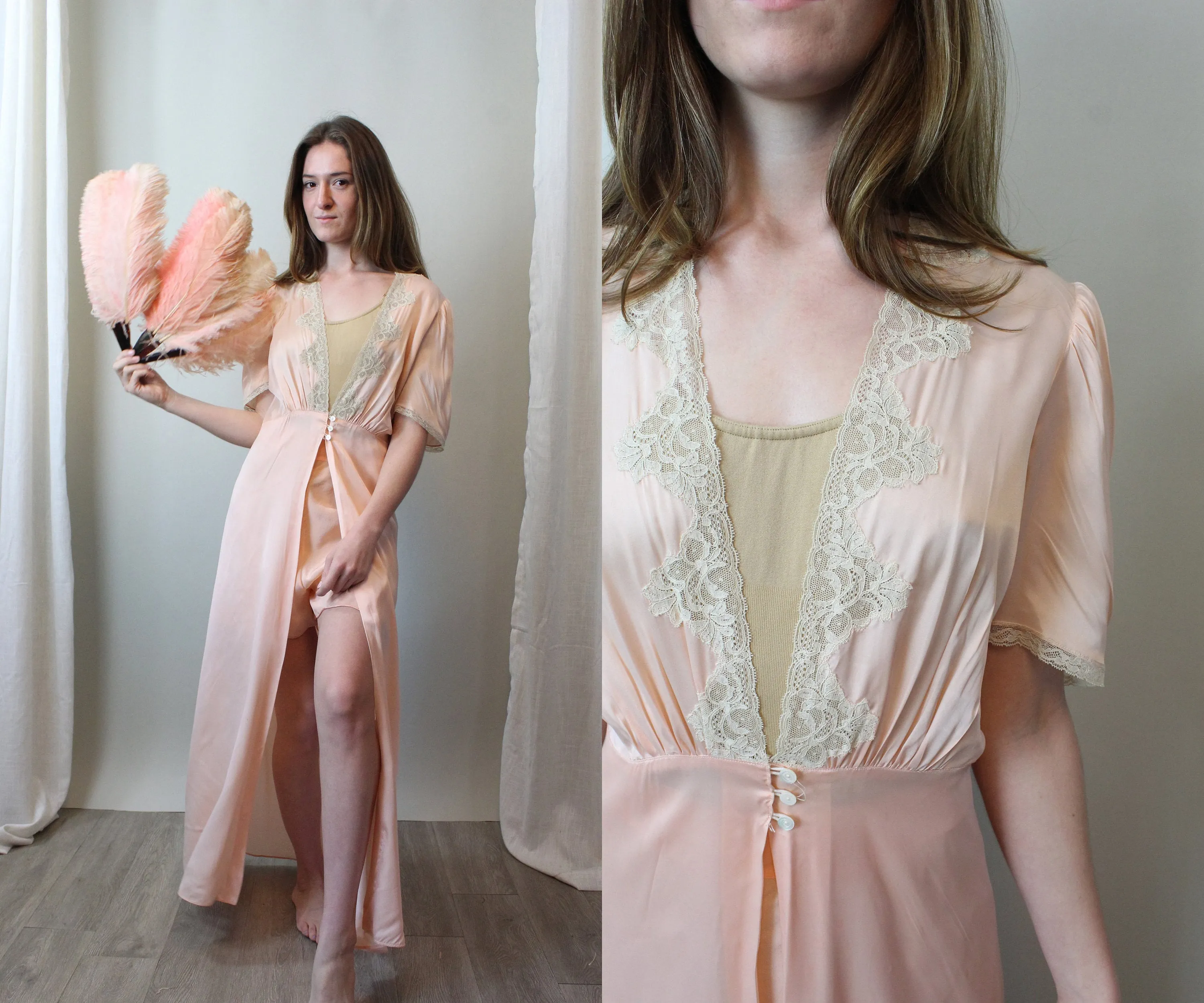 1940s PEACH rayon lace robe small medium | new fall