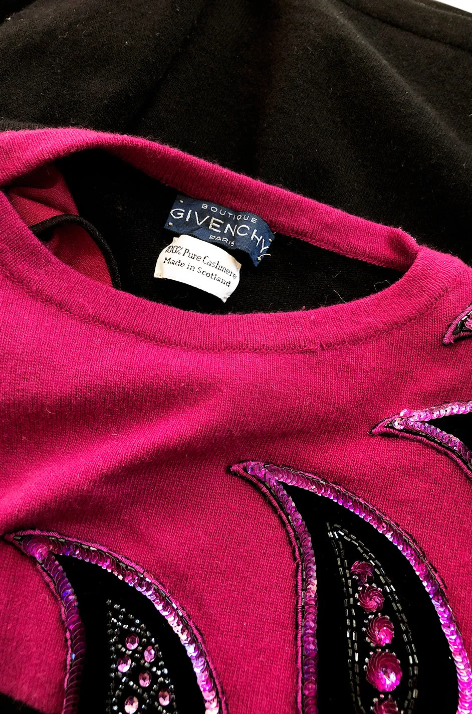 1980s Givenchy Cashmere Sweater & Scarf w Bead & Sequin Detailing