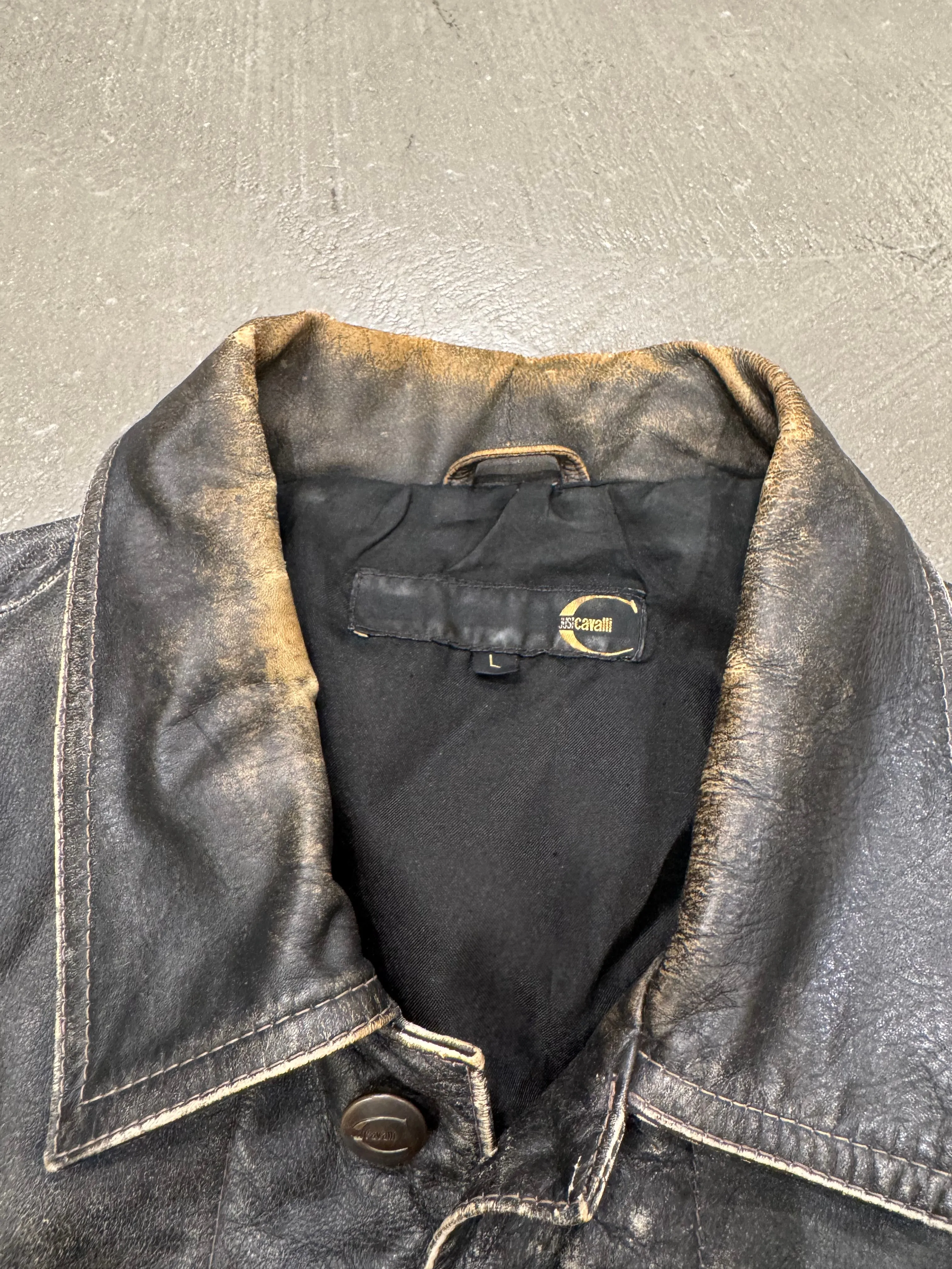 2000s Roberto Cavalli faded distressed leather jacket