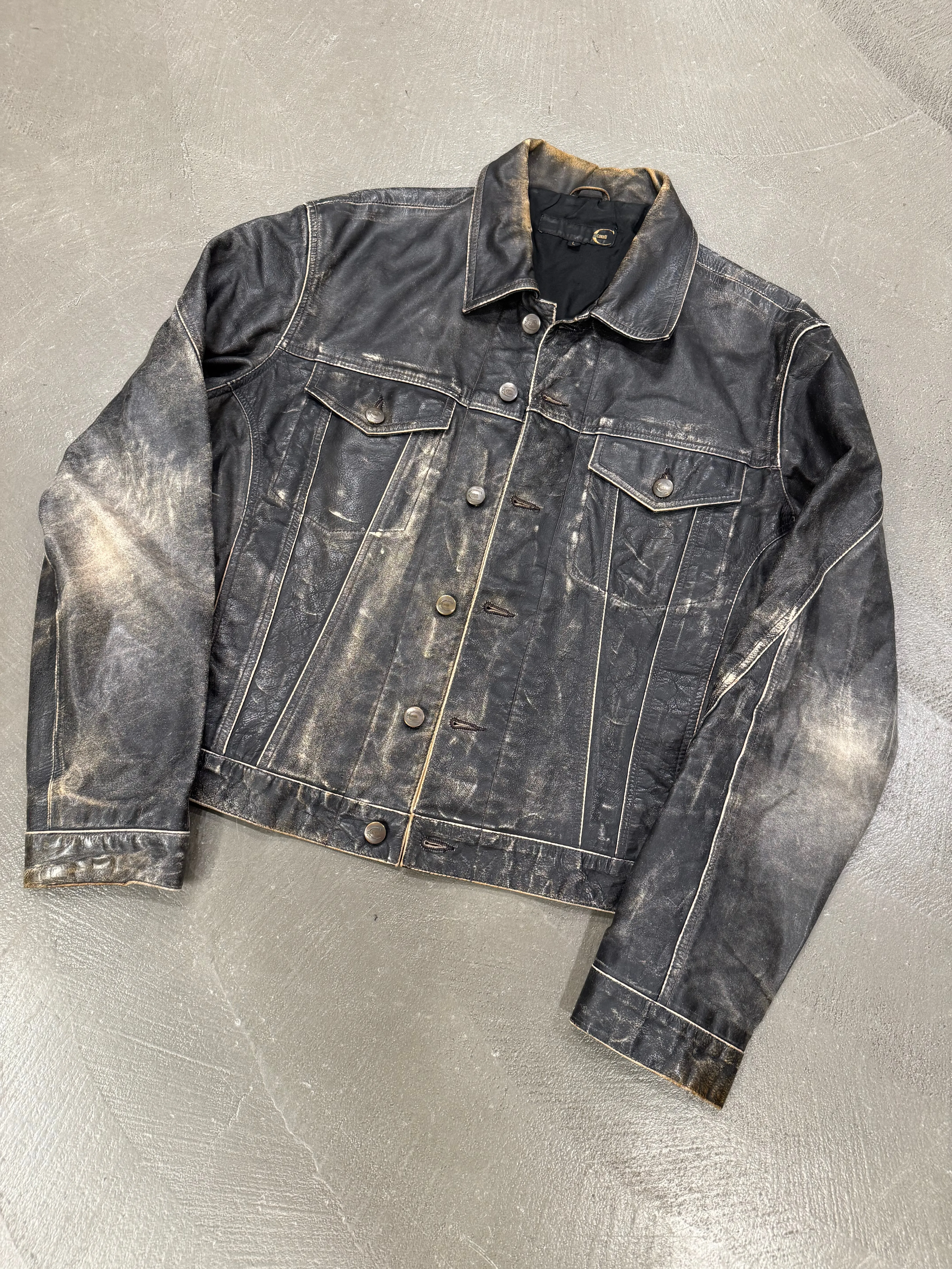 2000s Roberto Cavalli faded distressed leather jacket