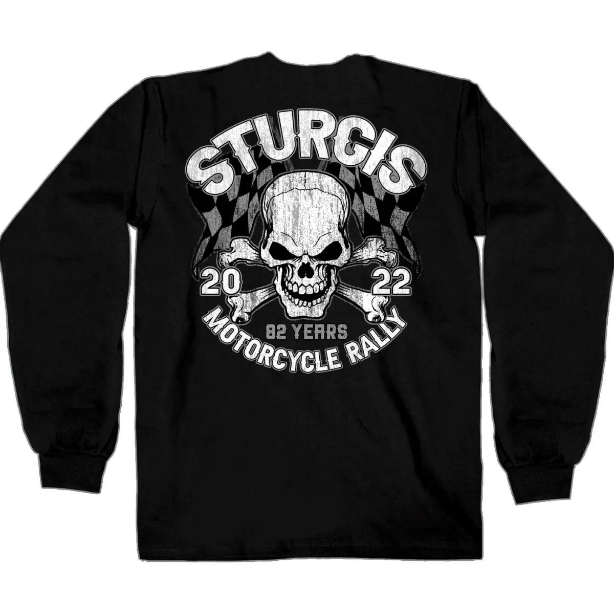 2022 Sturgis Motorcycle Rally SPB2009 Men's Black Skull And Checkered Flag Long Sleeve