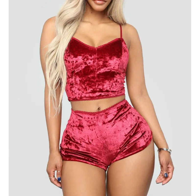 2pcs Velvet Sexy Shorts Pajama Party Set Women's Top and Shorts Pajamas