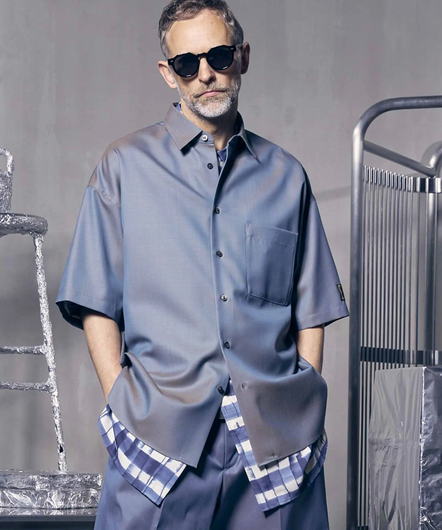4 Colors Chambray Washable Wool Prime-Over Regular Collar Short Sleeve Shirt