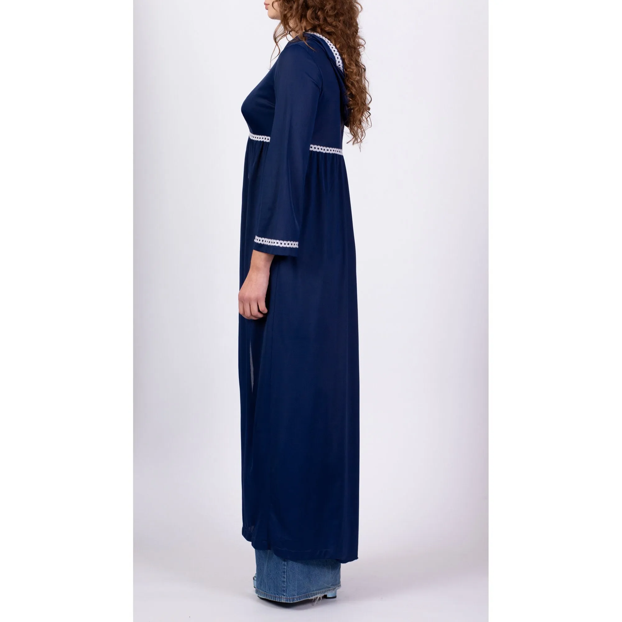 70s Navy Blue Hooded Lounge Robe - Medium