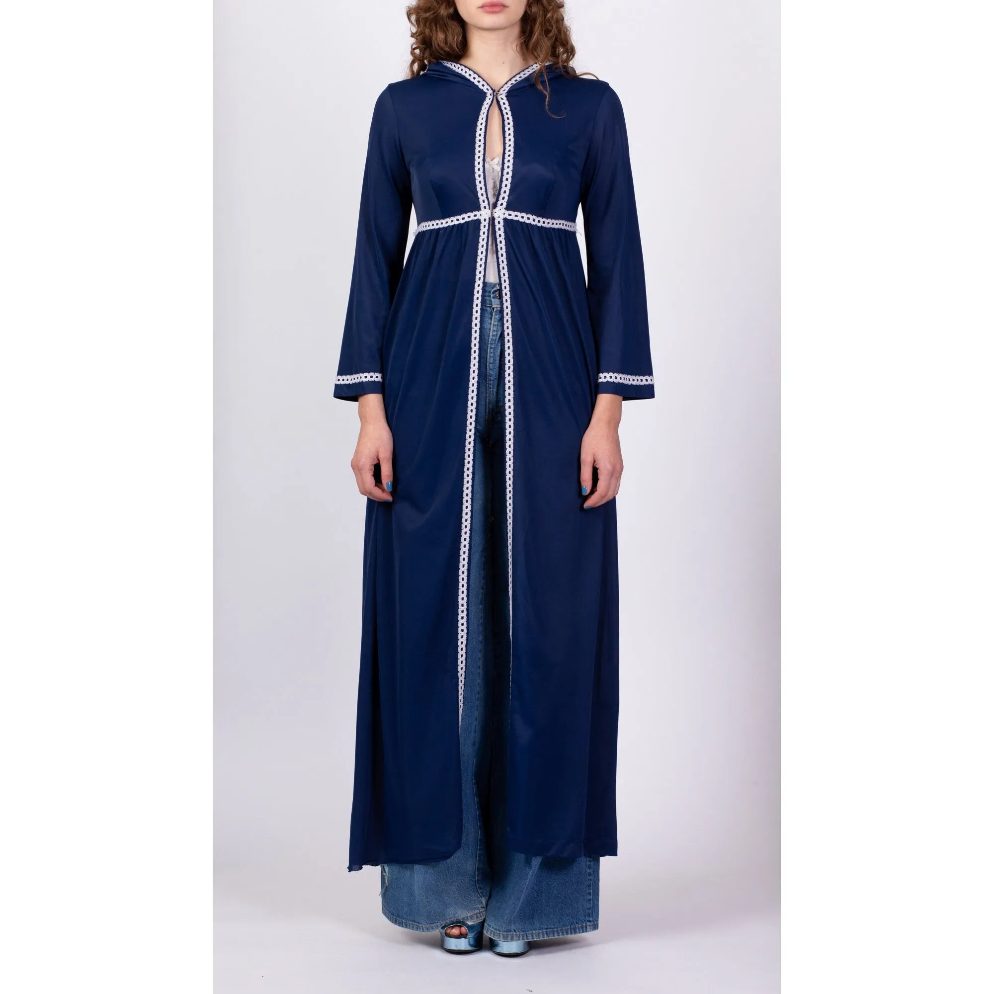 70s Navy Blue Hooded Lounge Robe - Medium