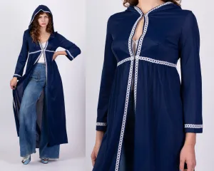 70s Navy Blue Hooded Lounge Robe - Medium