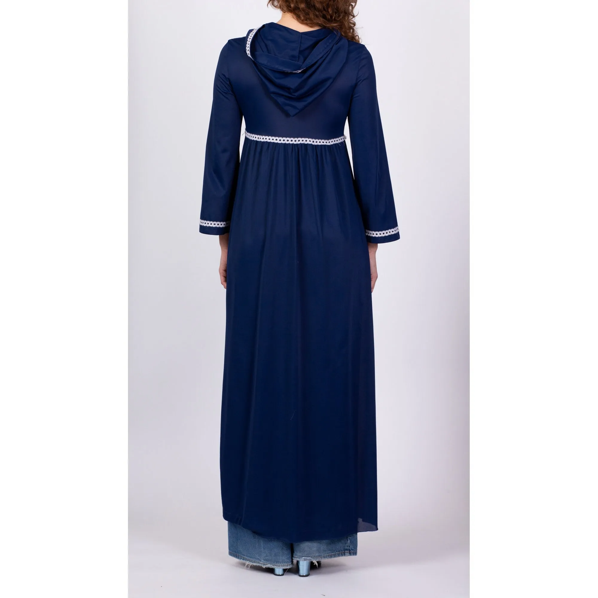 70s Navy Blue Hooded Lounge Robe - Medium
