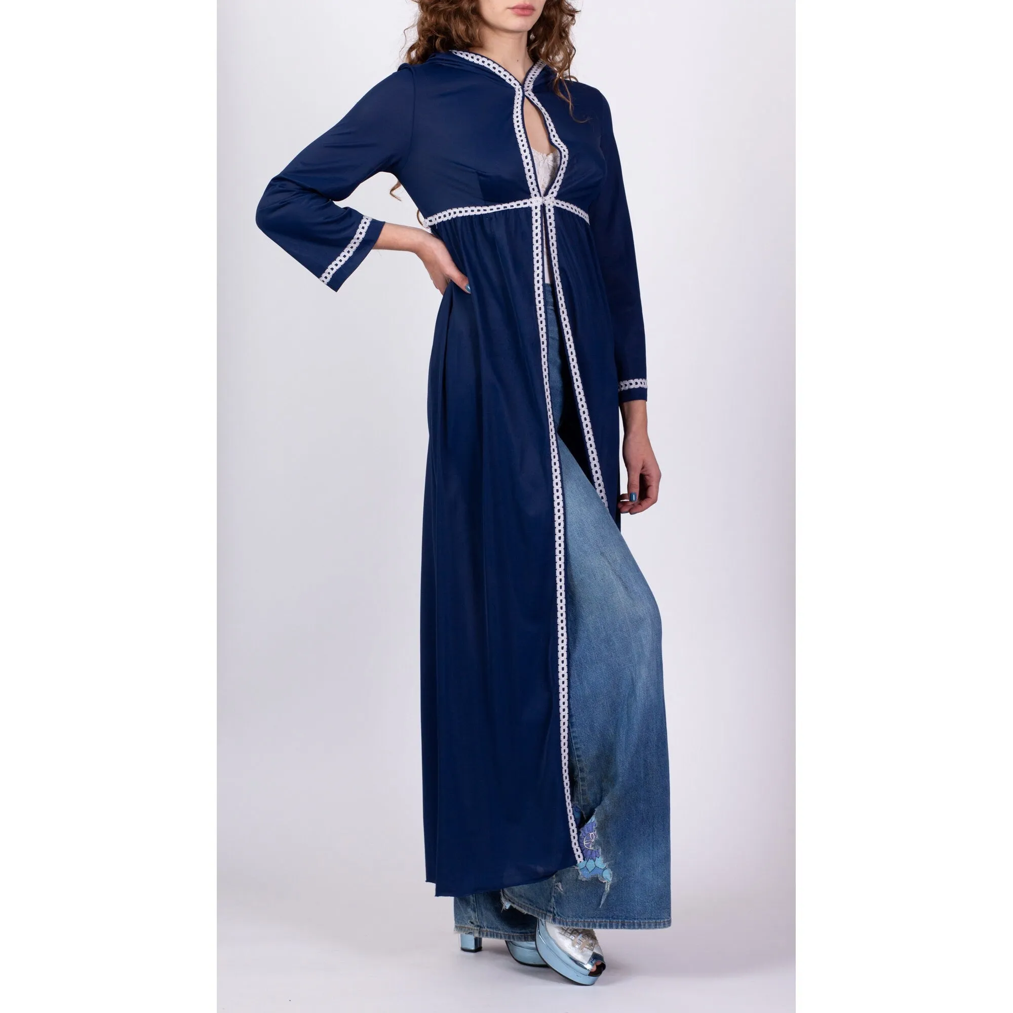 70s Navy Blue Hooded Lounge Robe - Medium
