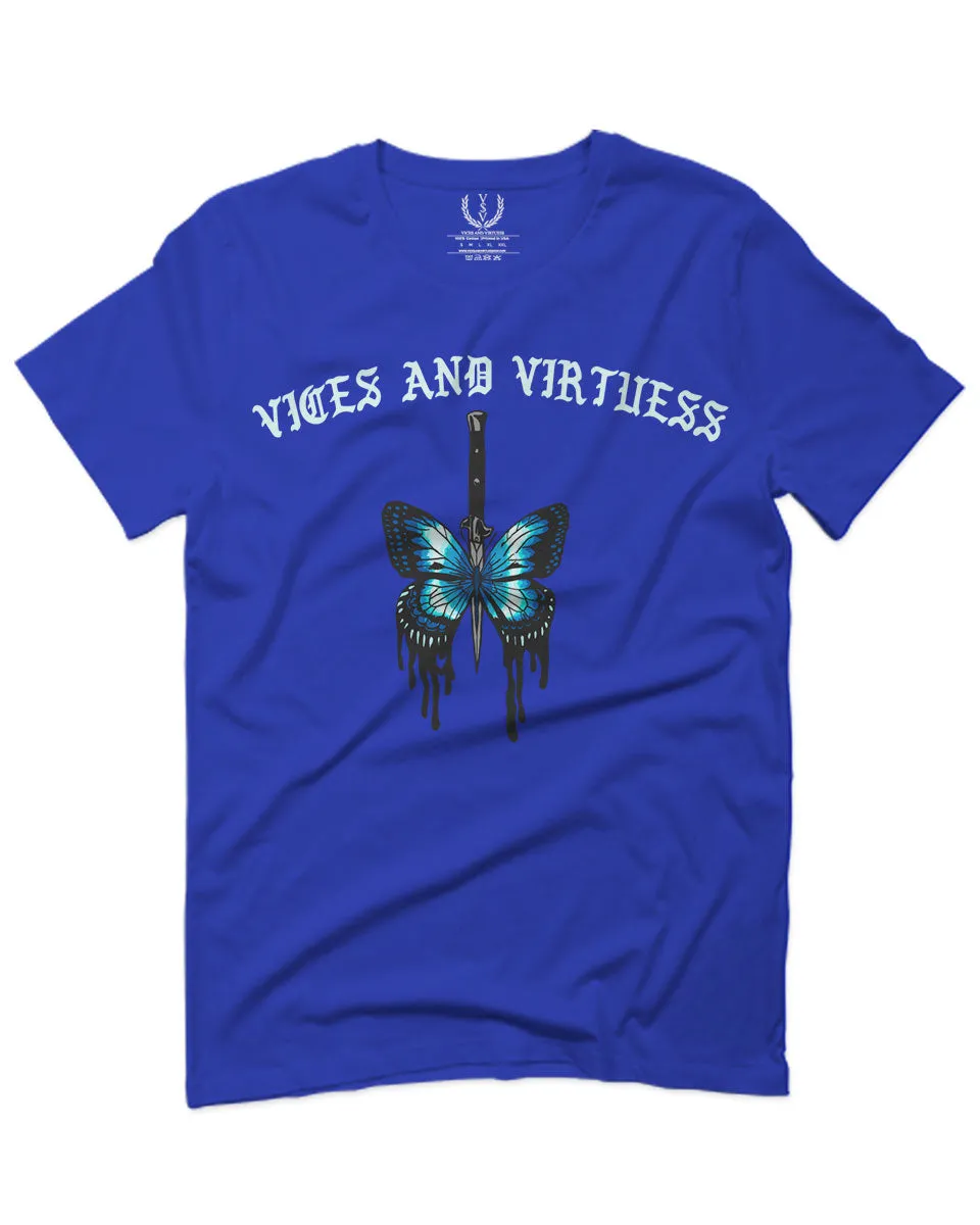 Aesthetics Summer Cool Print cute blue Butterfly knife tattoo Graphic For men T Shirt