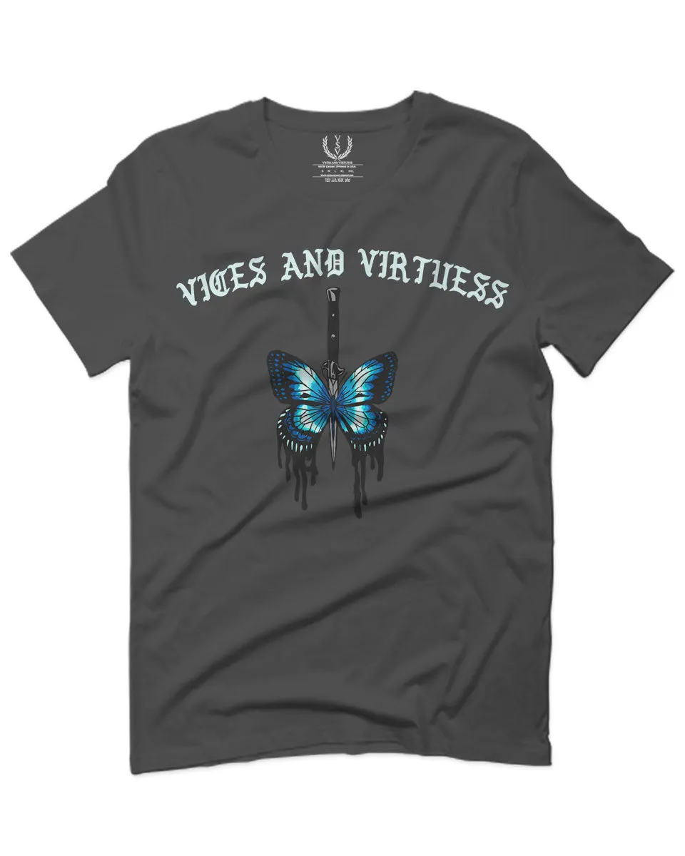 Aesthetics Summer Cool Print cute blue Butterfly knife tattoo Graphic For men T Shirt
