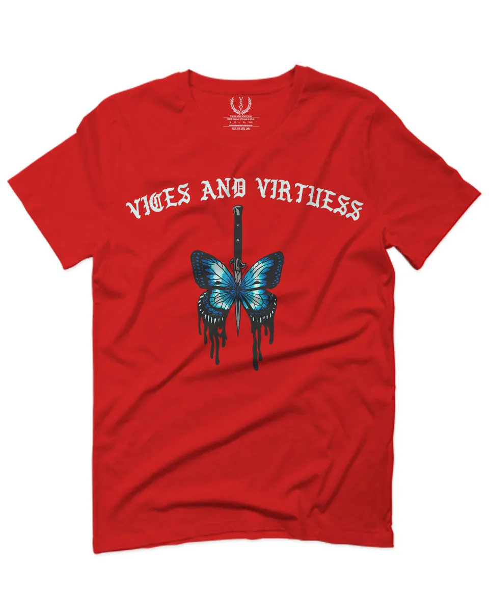 Aesthetics Summer Cool Print cute blue Butterfly knife tattoo Graphic For men T Shirt