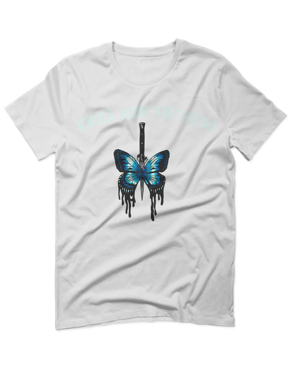Aesthetics Summer Cool Print cute blue Butterfly knife tattoo Graphic For men T Shirt