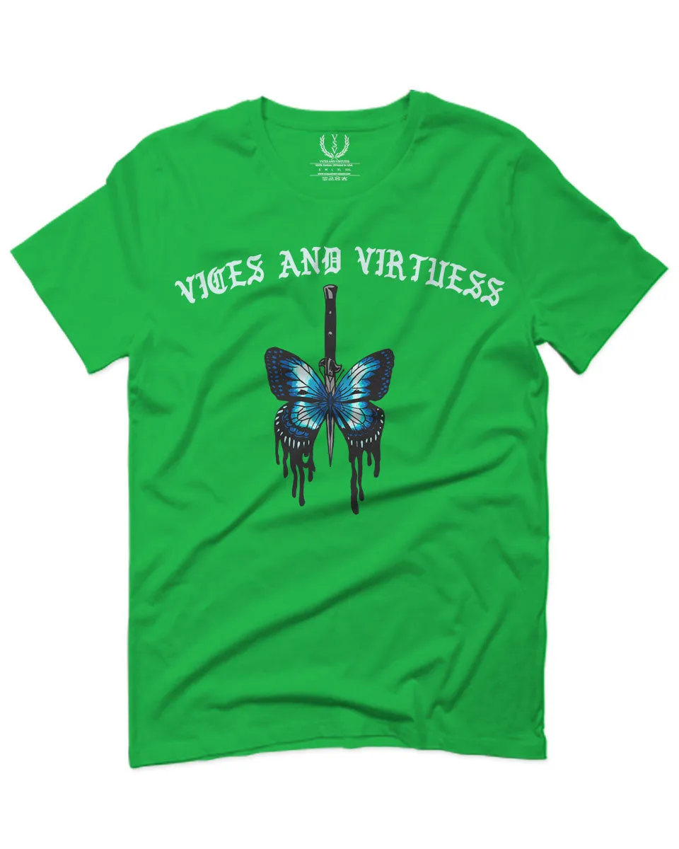 Aesthetics Summer Cool Print cute blue Butterfly knife tattoo Graphic For men T Shirt