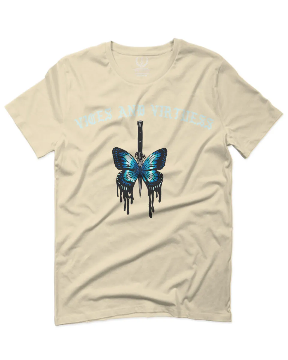Aesthetics Summer Cool Print cute blue Butterfly knife tattoo Graphic For men T Shirt