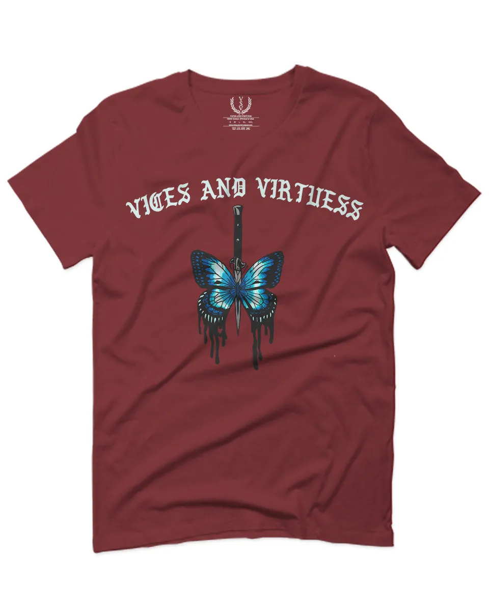 Aesthetics Summer Cool Print cute blue Butterfly knife tattoo Graphic For men T Shirt