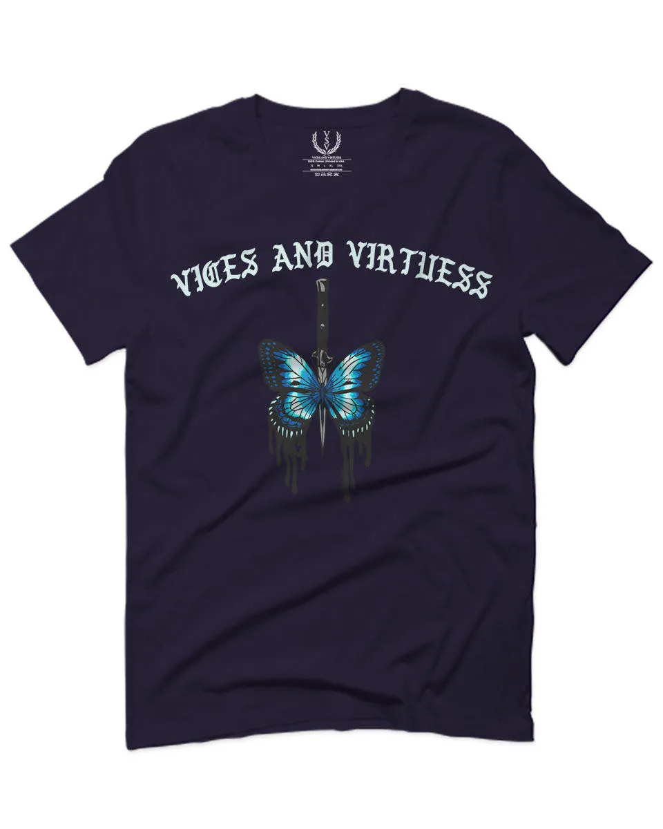 Aesthetics Summer Cool Print cute blue Butterfly knife tattoo Graphic For men T Shirt