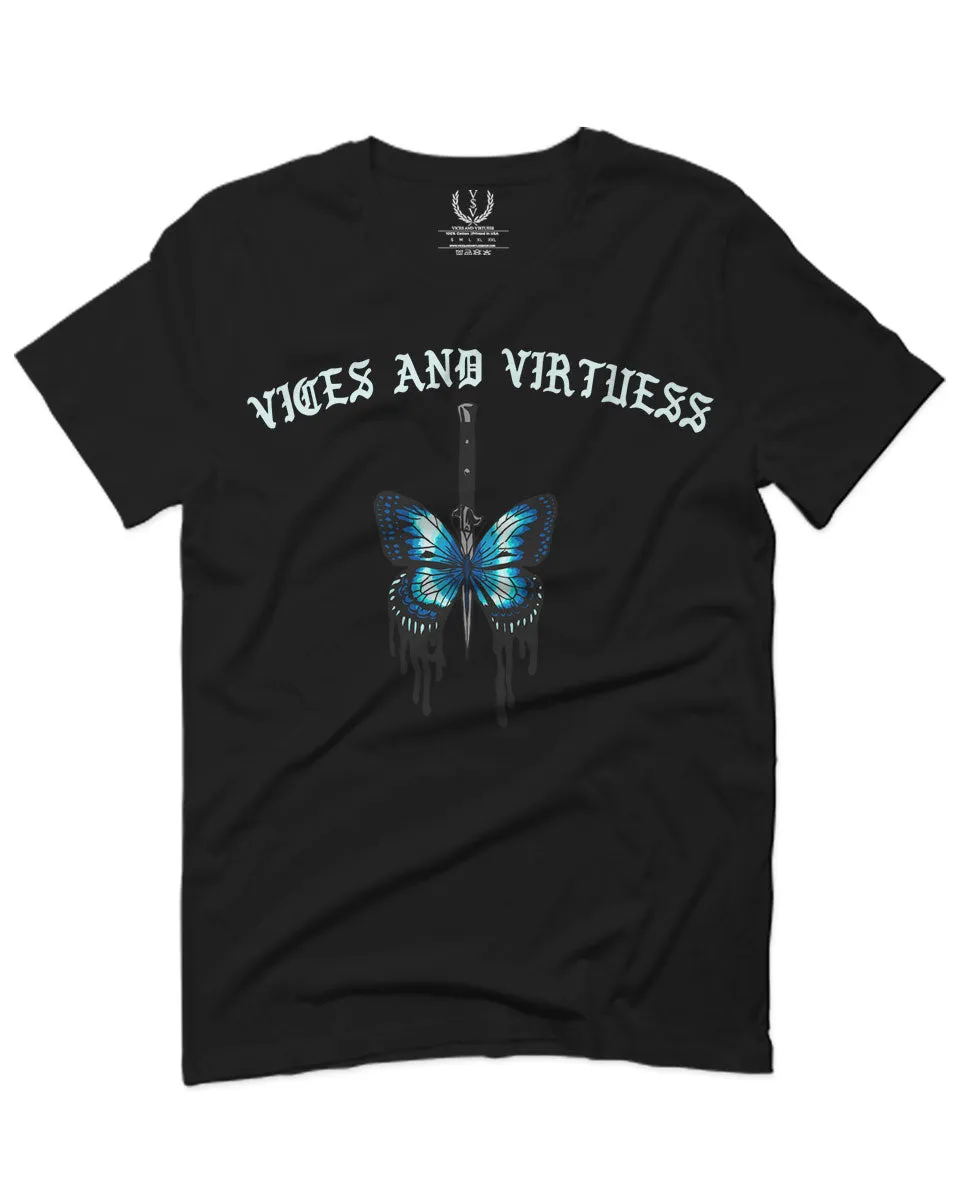 Aesthetics Summer Cool Print cute blue Butterfly knife tattoo Graphic For men T Shirt