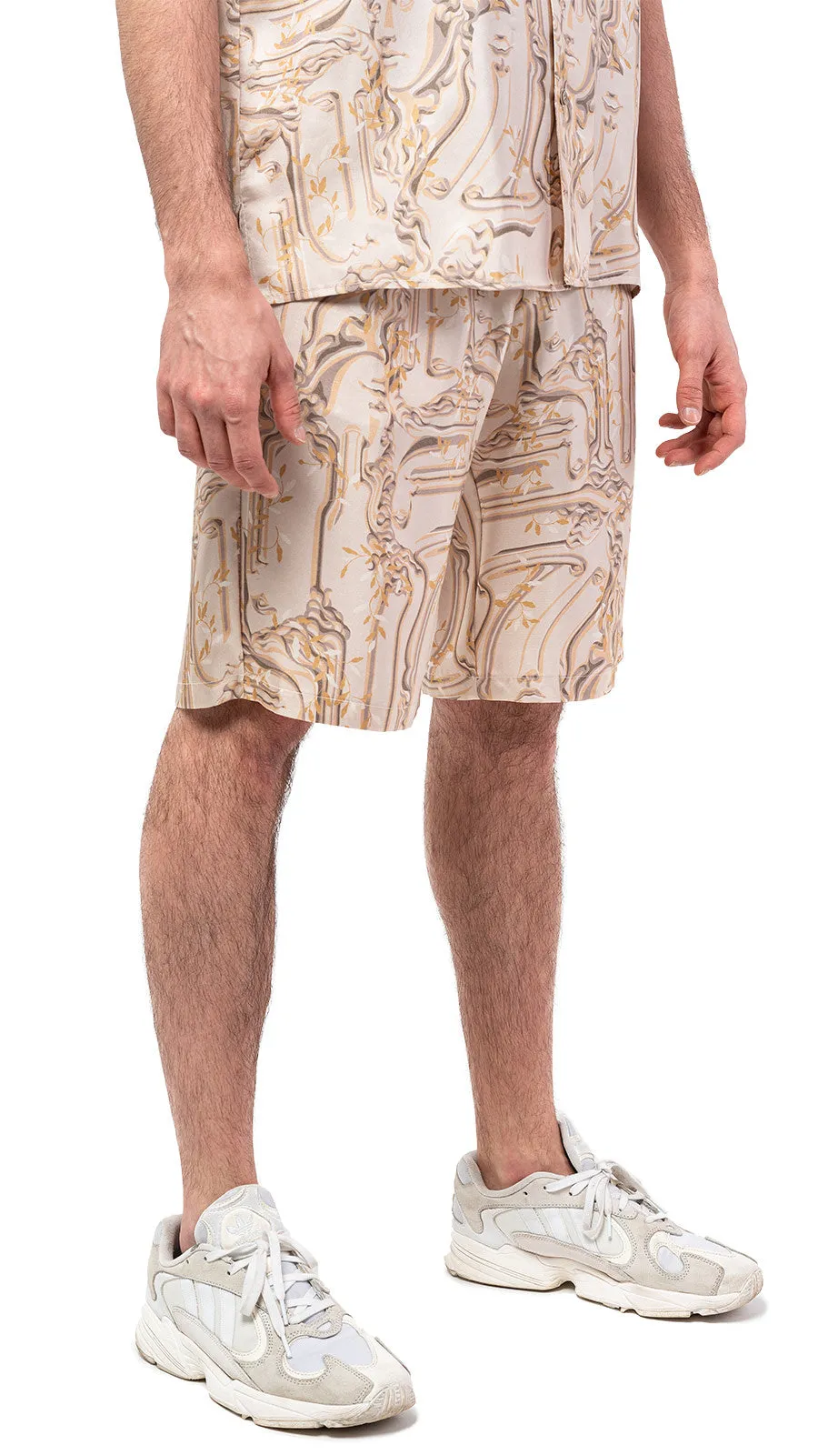 Antic Faces Print Silk Bowling Shorts