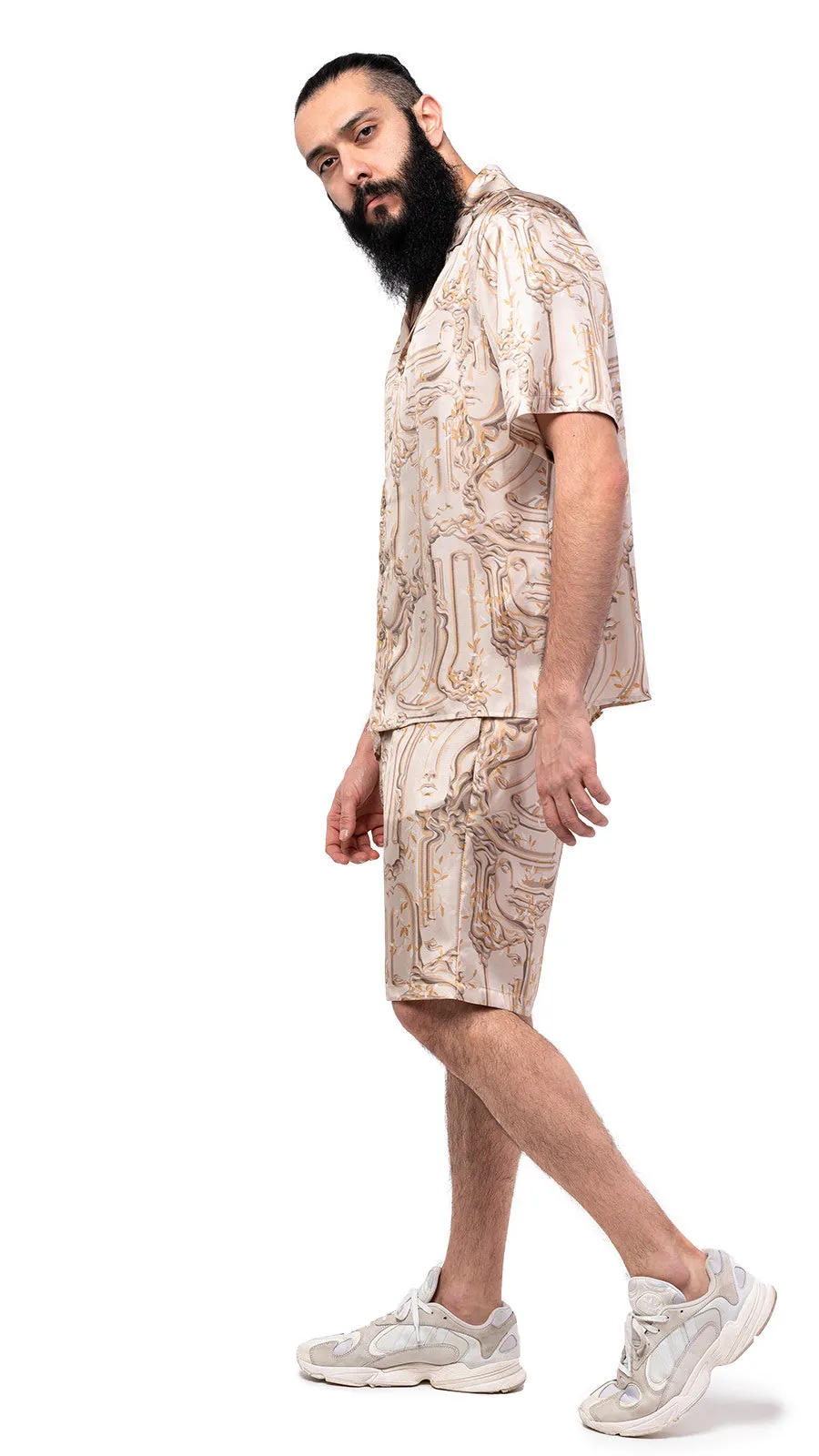 Antic Faces Print Silk Bowling Shorts