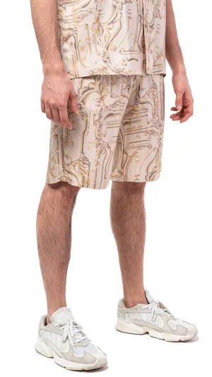 Antic Faces Print Silk Bowling Shorts