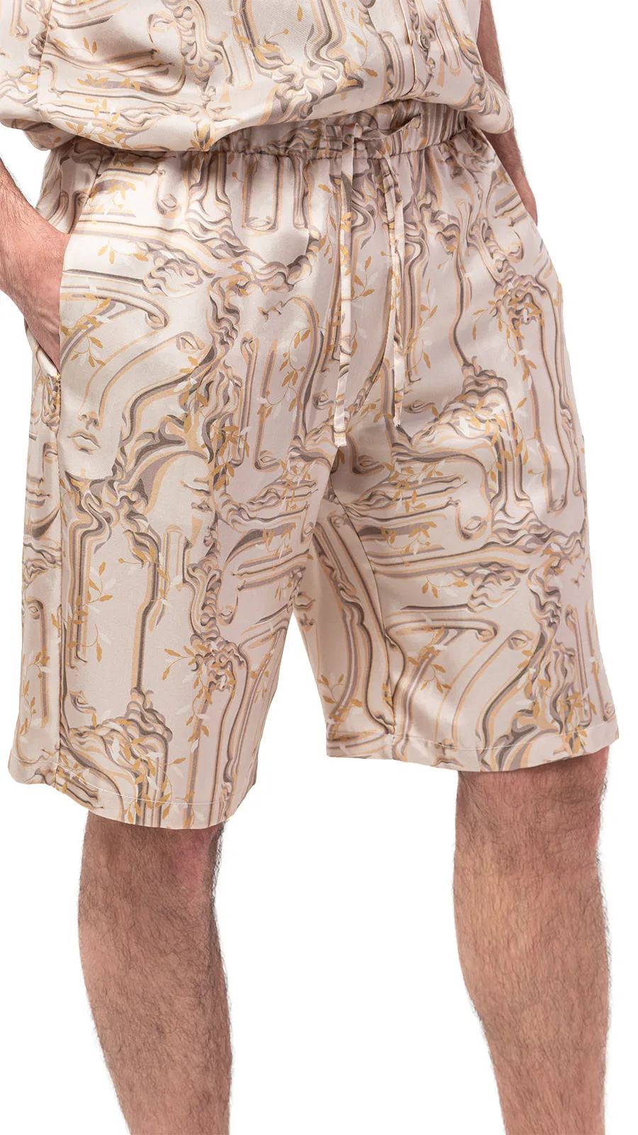 Antic Faces Print Silk Bowling Shorts