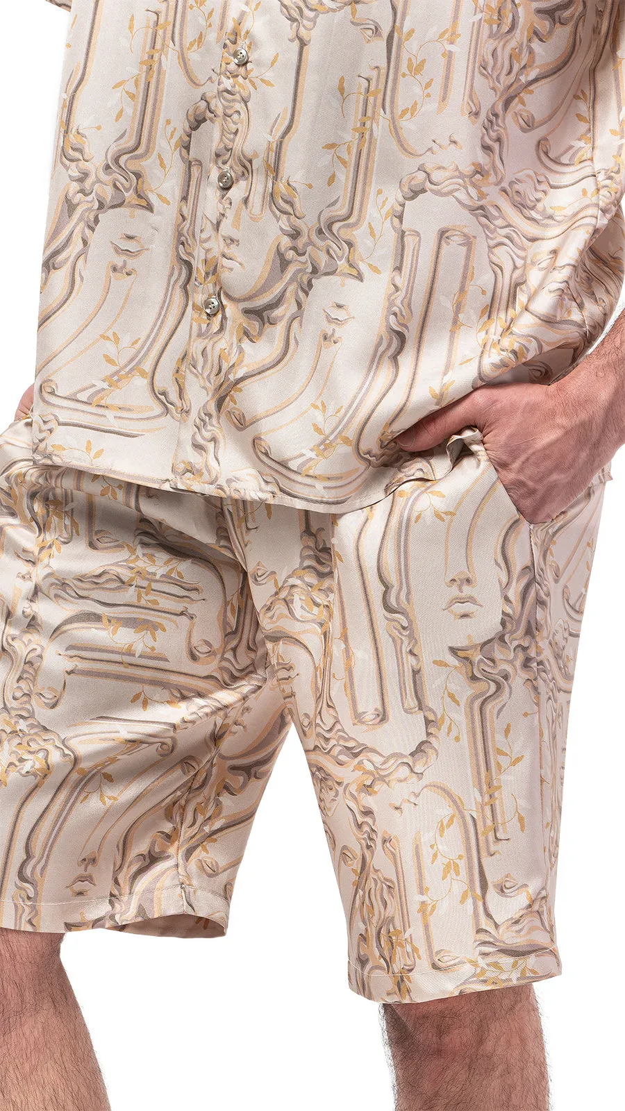 Antic Faces Print Silk Bowling Shorts