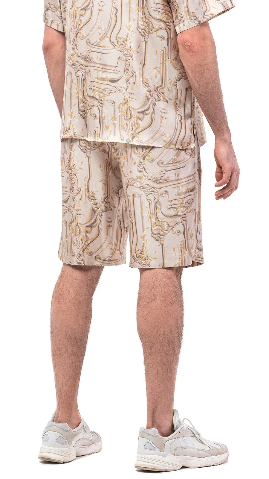 Antic Faces Print Silk Bowling Shorts