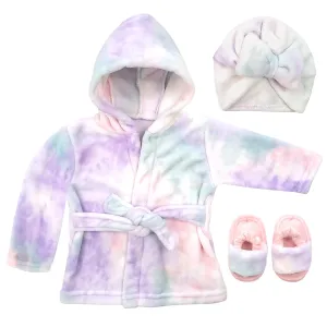 Baby Robe - Soft Plush Bath Towel Robe Spa Set - Baby Bathrobe Towel & Slippers for Boys   Turban for Girls Robe Set (Tie Dye, 12-24 Months)