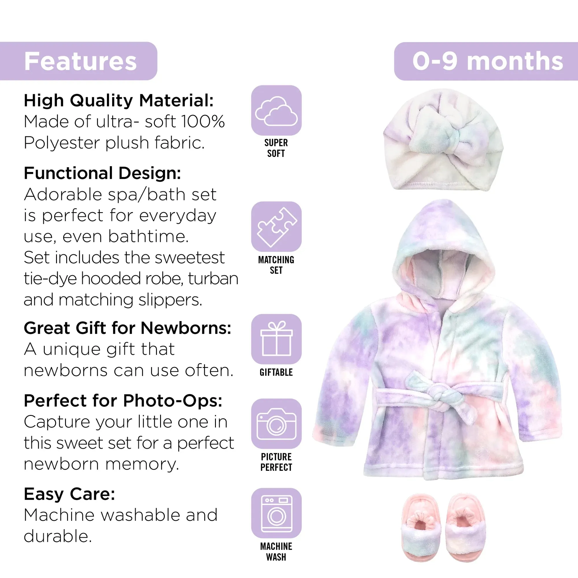 Baby Robe - Soft Plush Bath Towel Robe Spa Set - Baby Bathrobe Towel & Slippers for Boys   Turban for Girls Robe Set (Tie Dye, 12-24 Months)