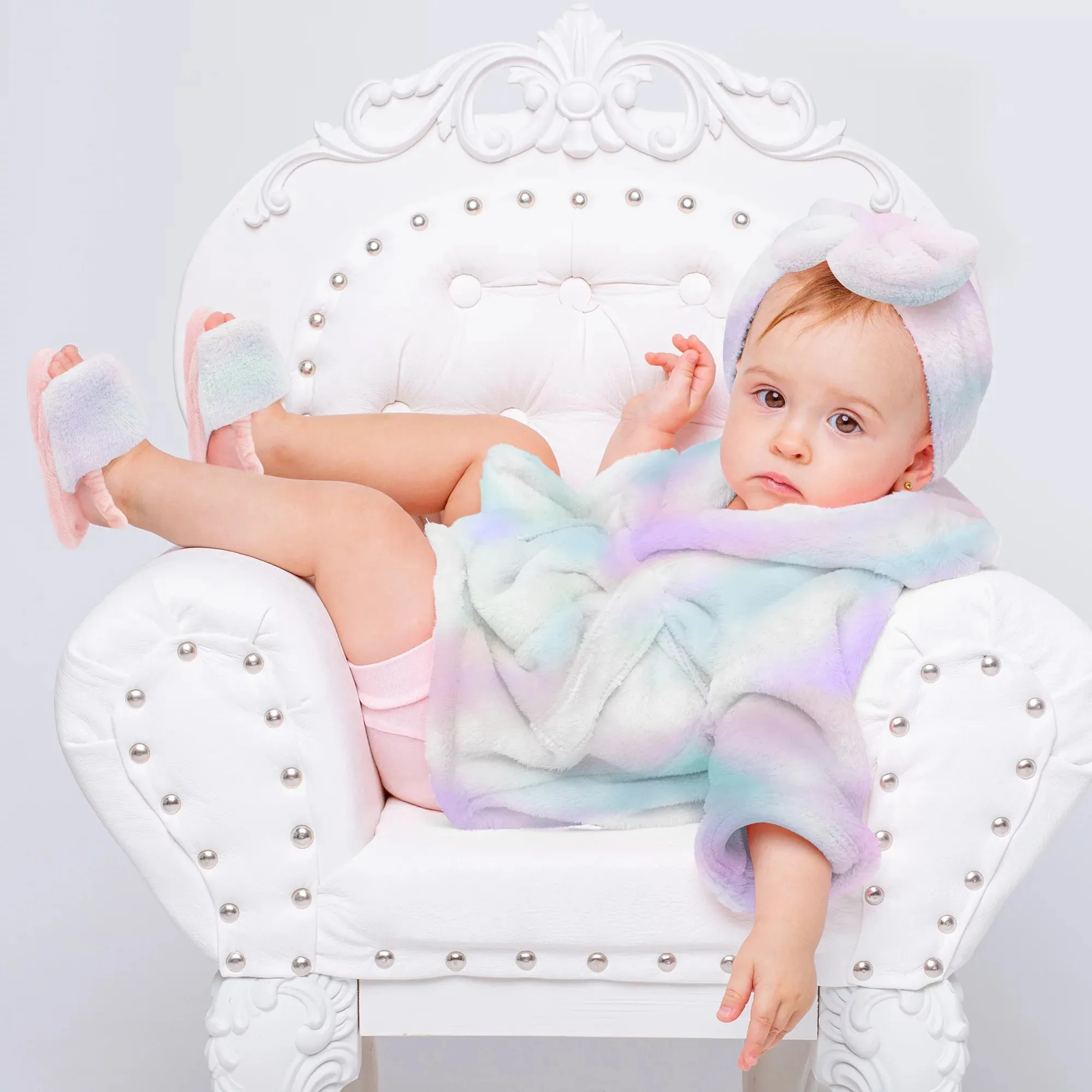 Baby Robe - Soft Plush Bath Towel Robe Spa Set - Baby Bathrobe Towel & Slippers for Boys   Turban for Girls Robe Set (Tie Dye, 12-24 Months)