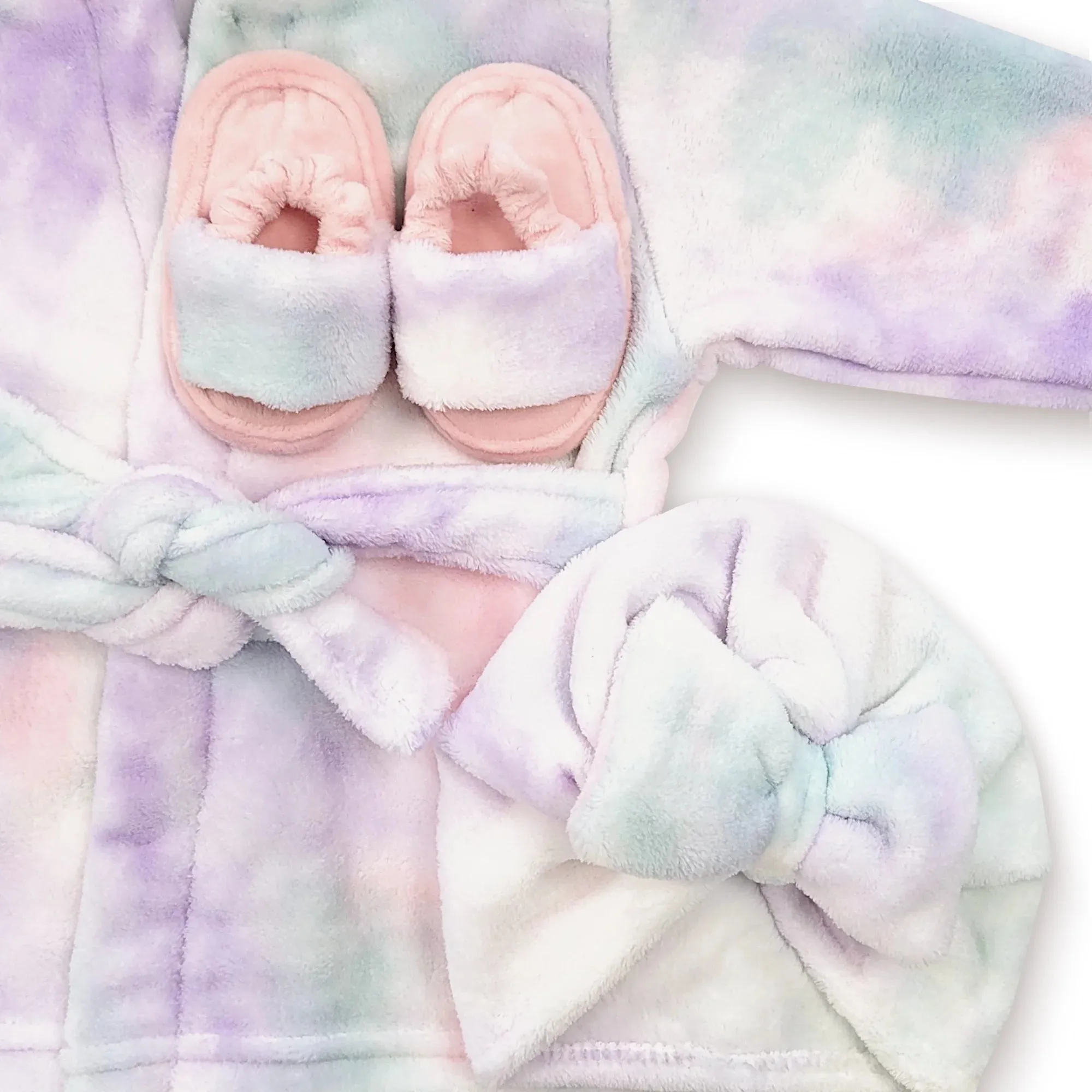 Baby Robe - Soft Plush Bath Towel Robe Spa Set - Baby Bathrobe Towel & Slippers for Boys   Turban for Girls Robe Set (Tie Dye, 12-24 Months)