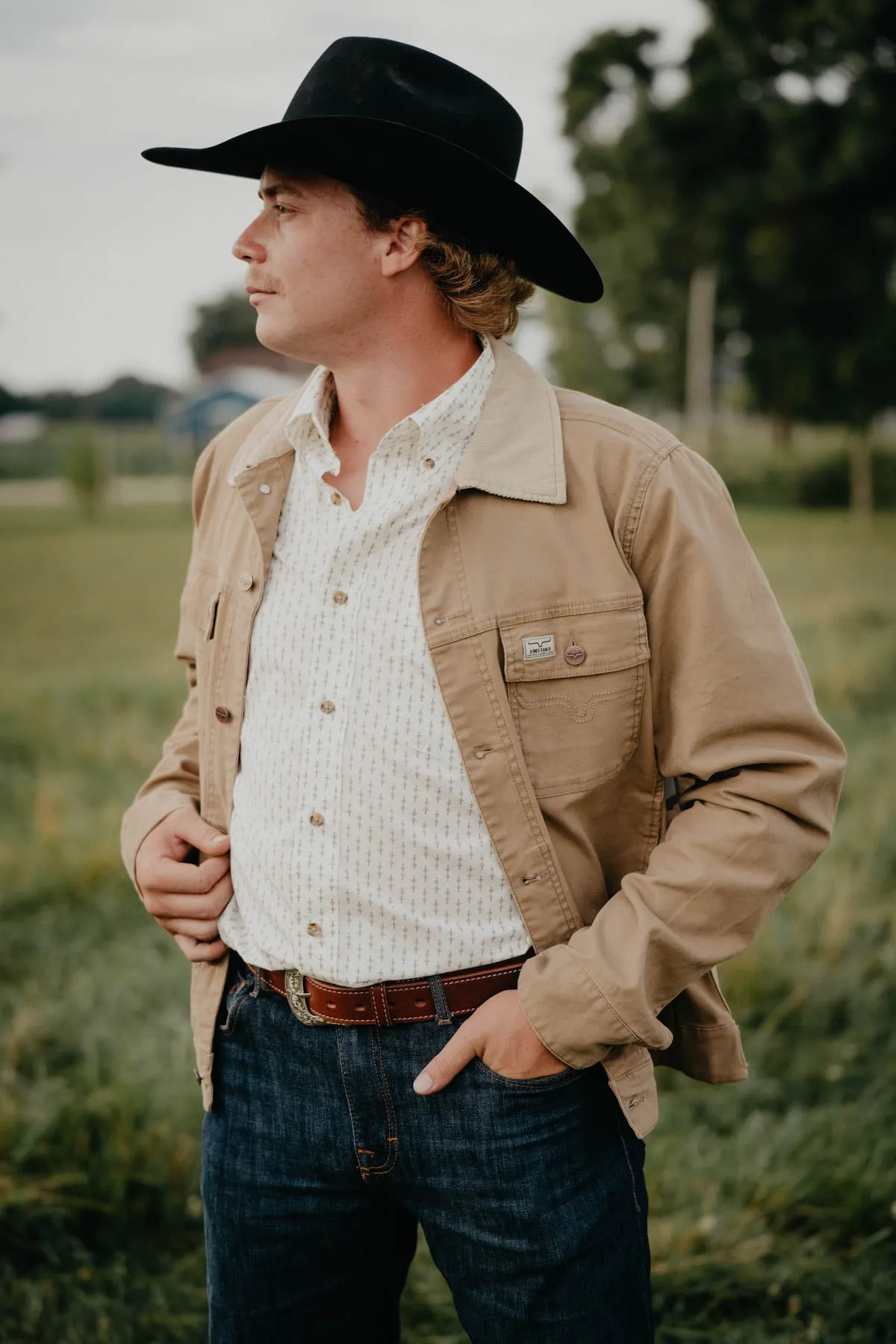'Bangs' Men's Khaki Trucker Jacket by Kimes Ranch (1 XL Only)