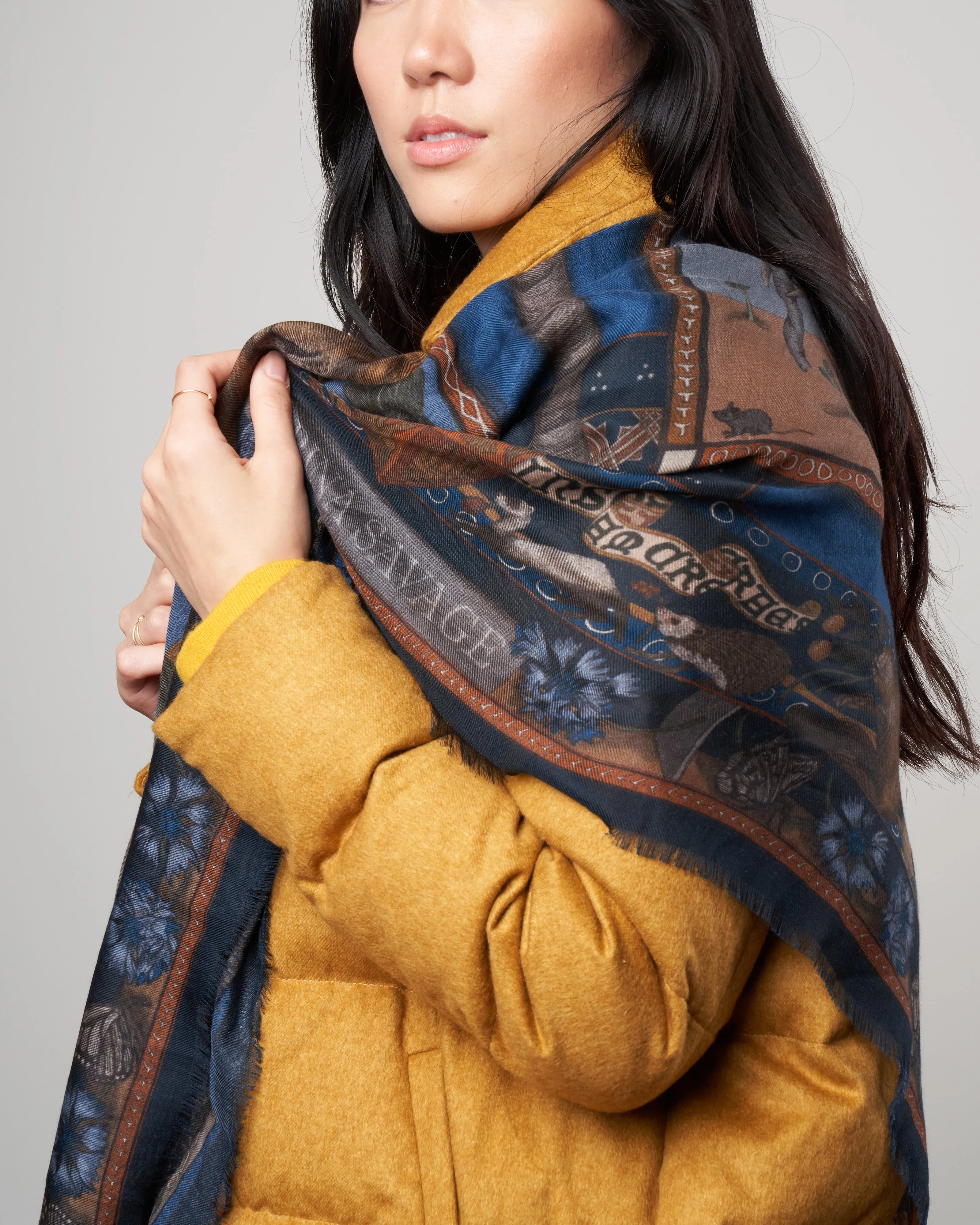 beasts untamed cashmere scarf - cornflower/bronze