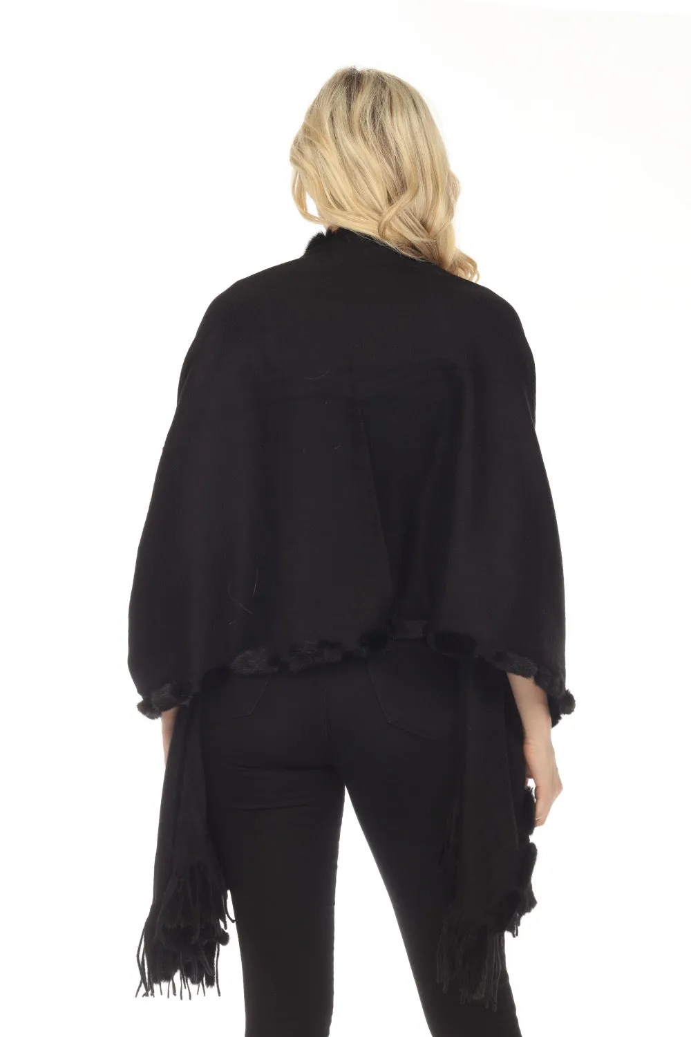 Belle Fare Black 100% Cashmere with Mink Trim and Fringe Wrap Shawl MS25M
