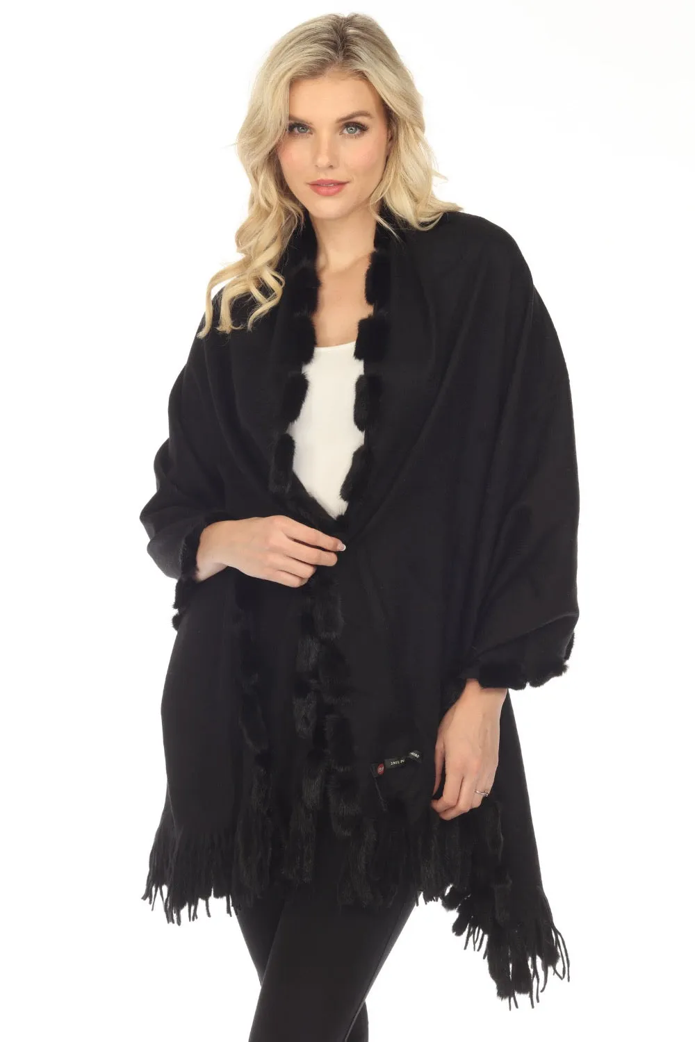 Belle Fare Black 100% Cashmere with Mink Trim and Fringe Wrap Shawl MS25M