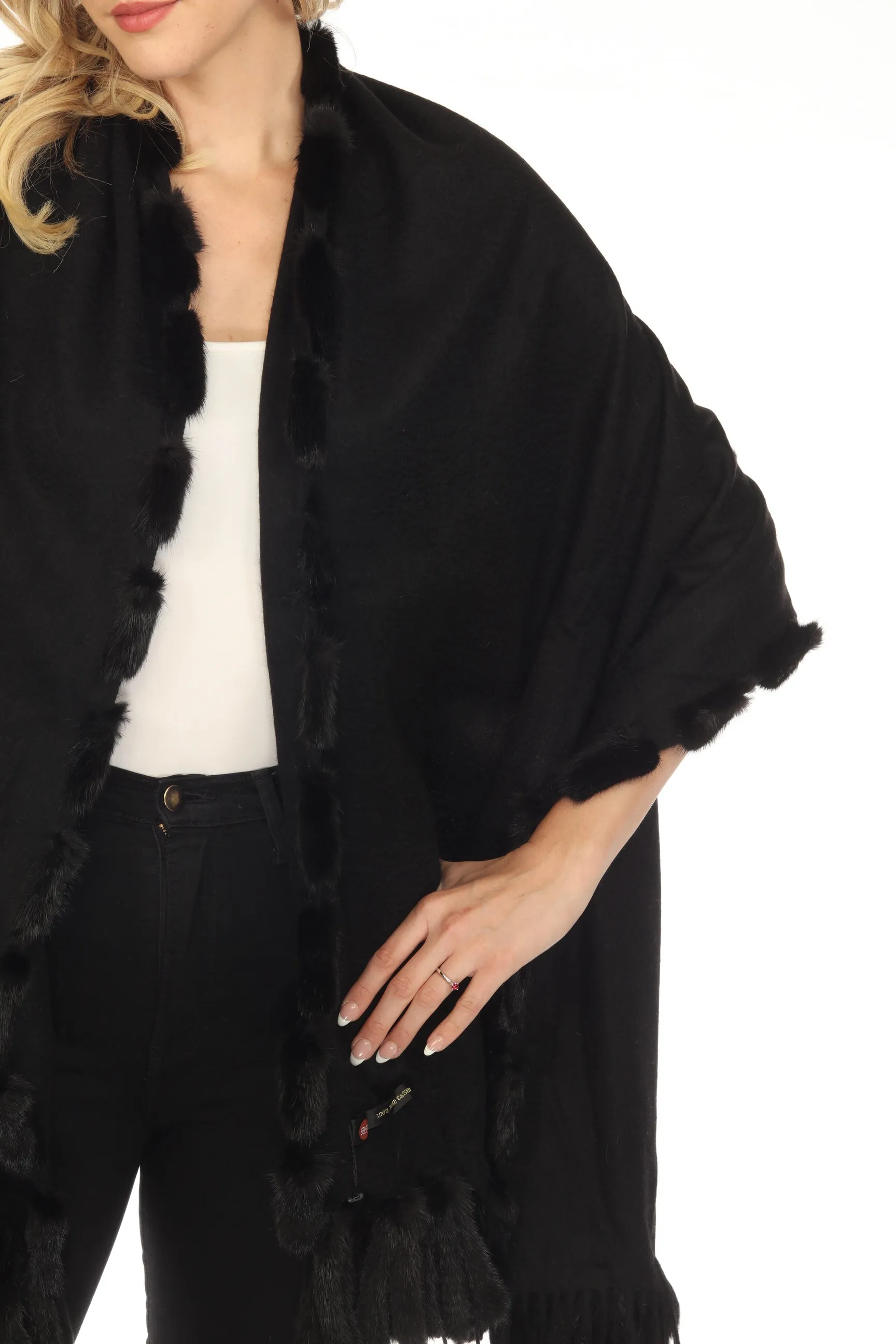 Belle Fare Black 100% Cashmere with Mink Trim and Fringe Wrap Shawl MS25M