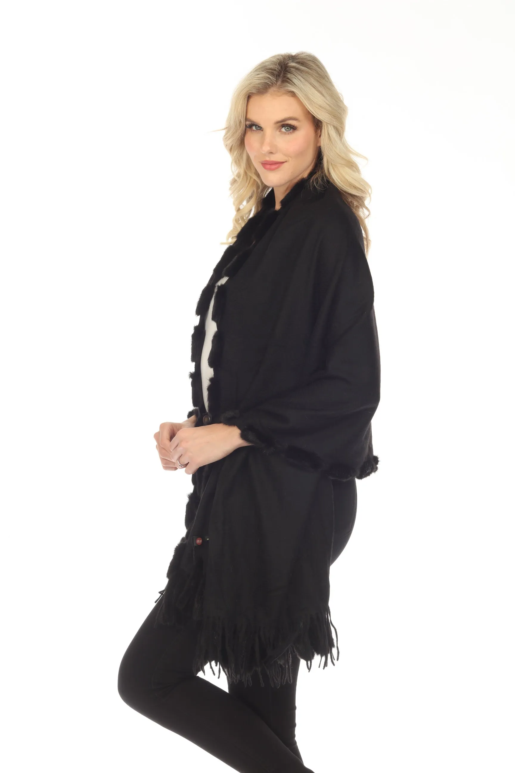 Belle Fare Black 100% Cashmere with Mink Trim and Fringe Wrap Shawl MS25M