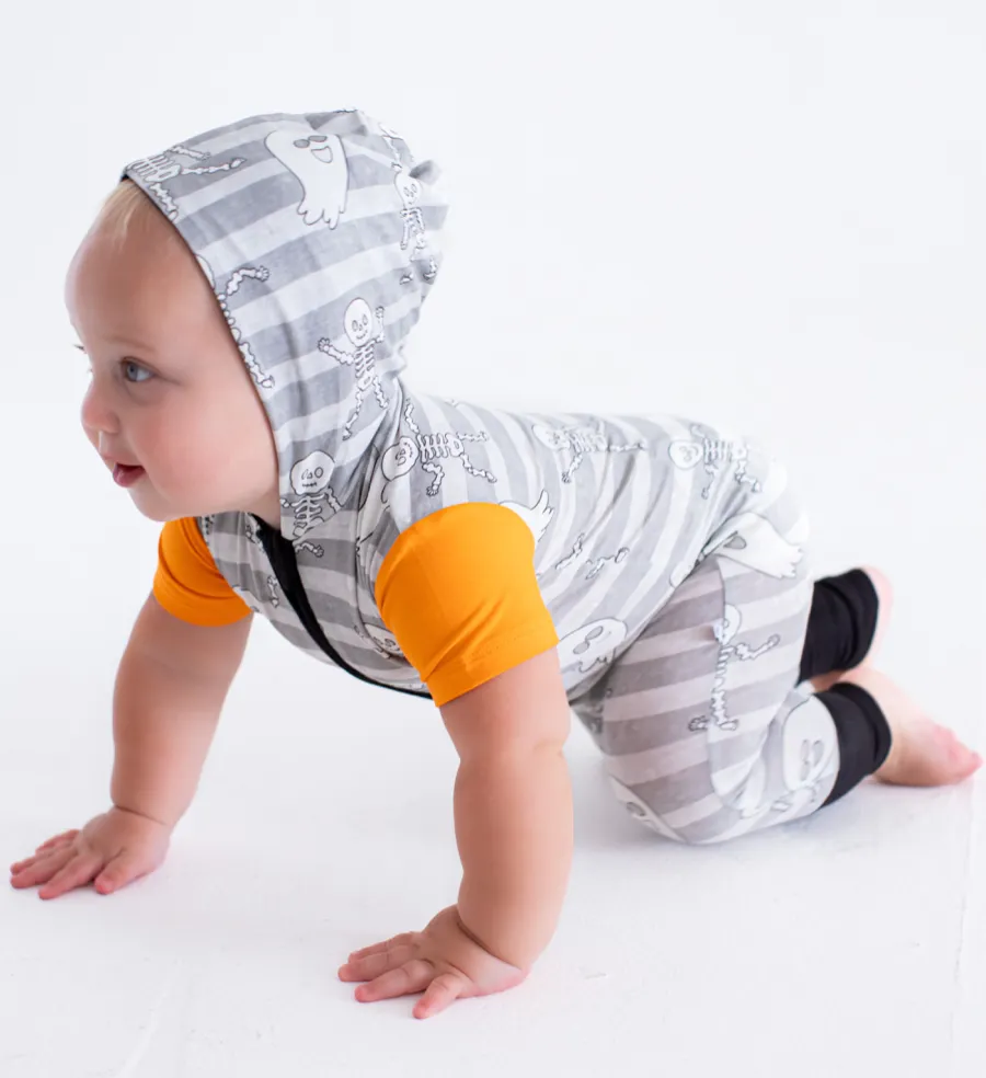 Birdie Bean Halloween Georgie Ghosts and Skeletons Glow-in-the-Dark Print Hooded Baby Romper