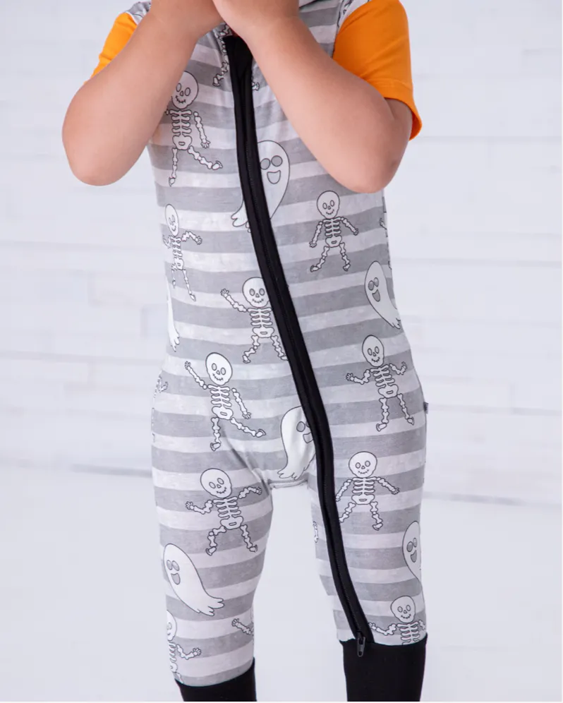 Birdie Bean Halloween Georgie Ghosts and Skeletons Glow-in-the-Dark Print Hooded Baby Romper