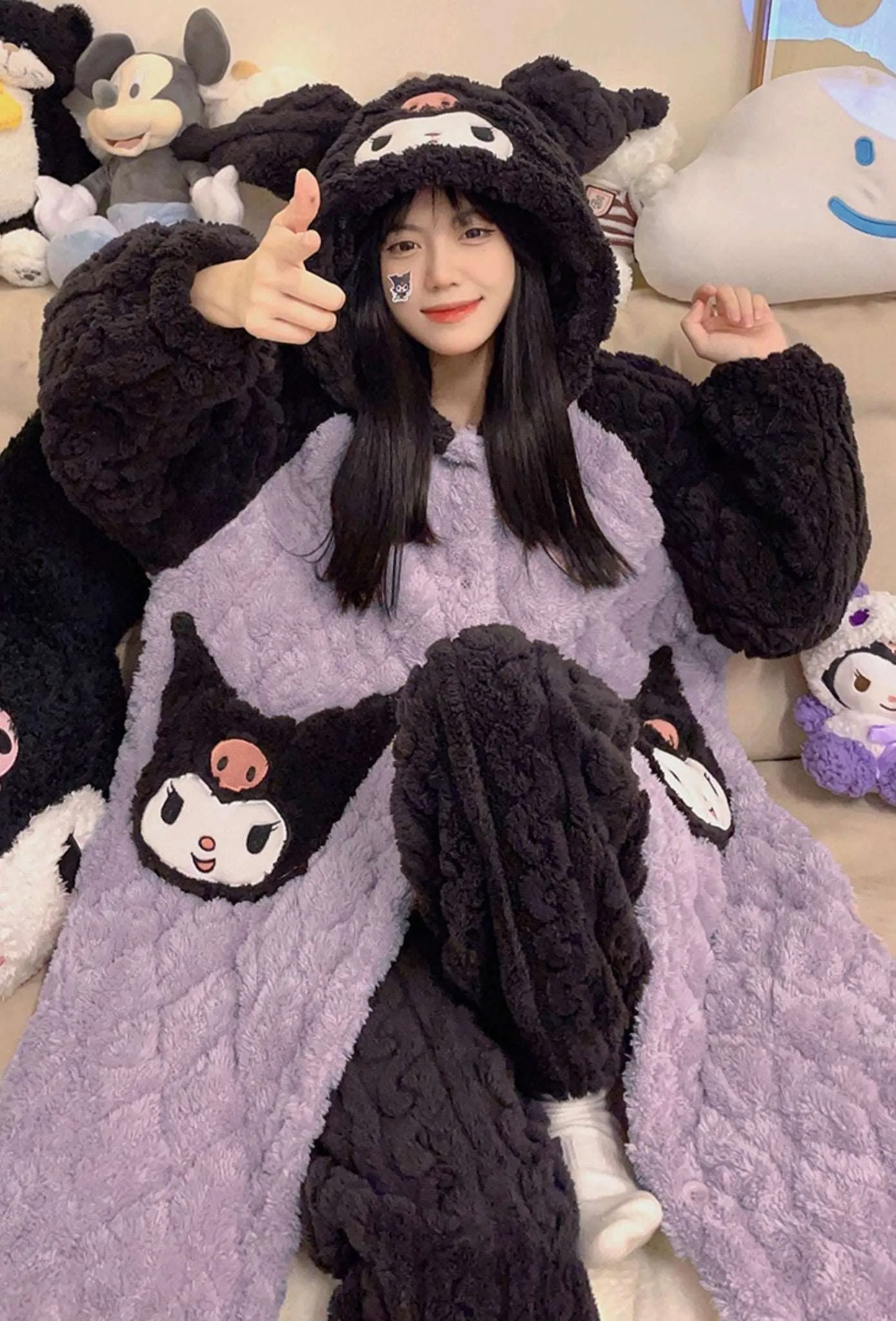 Black & Purple Devil Cartoon Thick Winter Pajamas Hooded Bathrobe & Pants