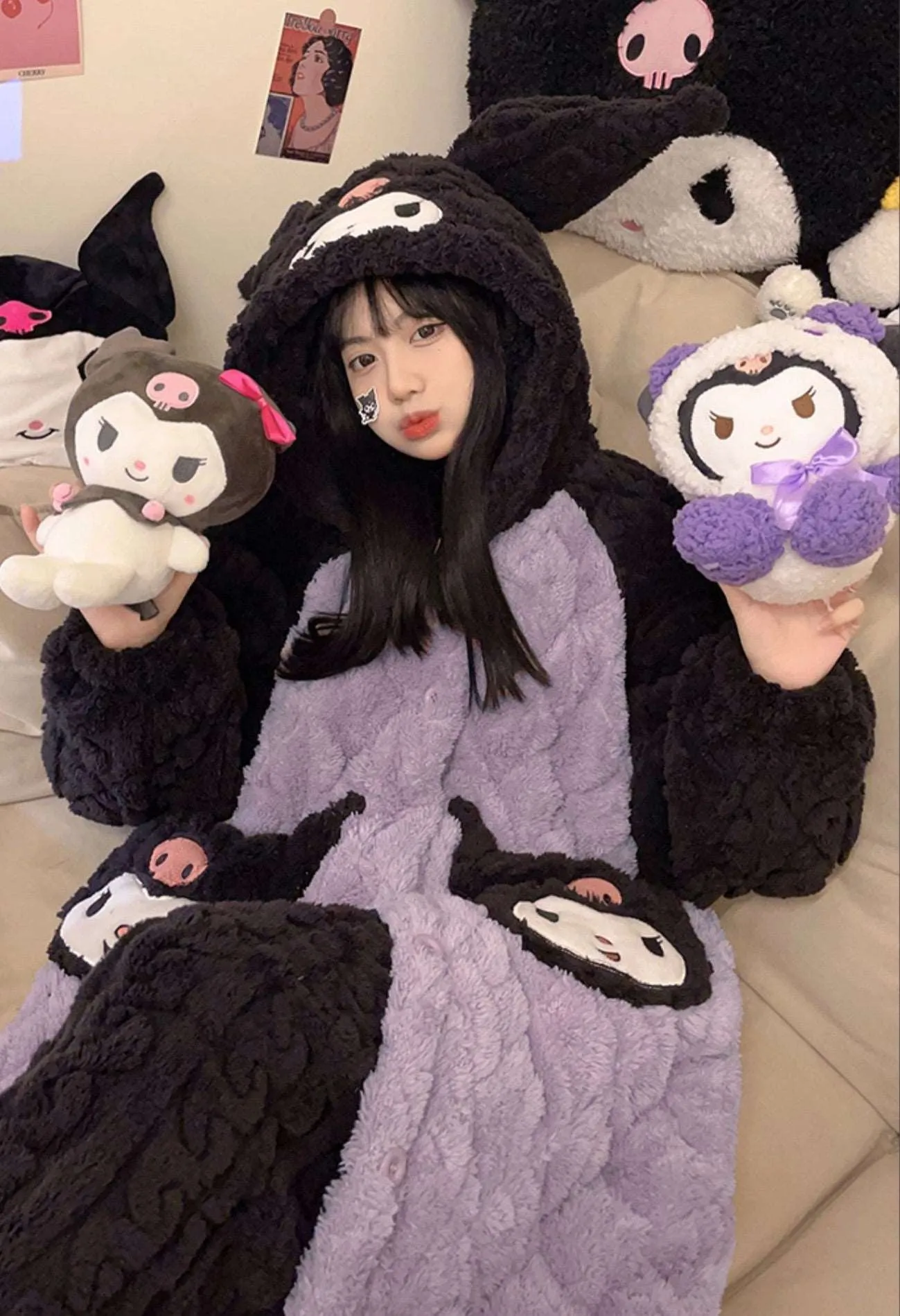 Black & Purple Devil Cartoon Thick Winter Pajamas Hooded Bathrobe & Pants