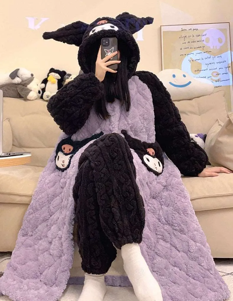 Black & Purple Devil Cartoon Thick Winter Pajamas Hooded Bathrobe & Pants