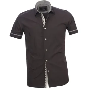 Black Checkered Mens Short Sleeve Button up Shirts - Tailored Slim Fit Cotton Dress Shirts