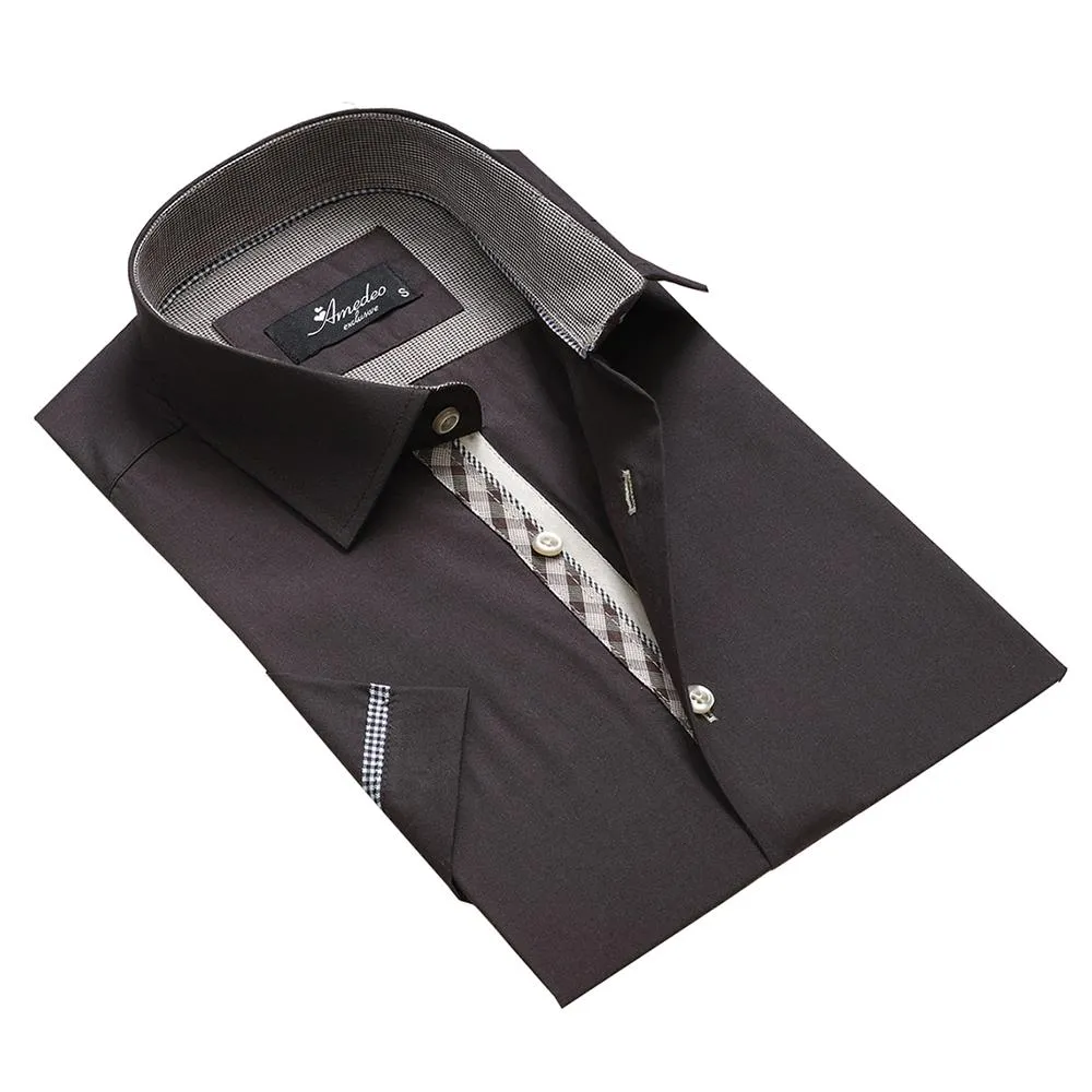 Black Checkered Mens Short Sleeve Button up Shirts - Tailored Slim Fit Cotton Dress Shirts