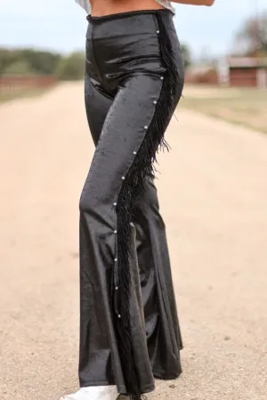 Black High Waist Faux Leather Side Beaded Tassel Flared Pants