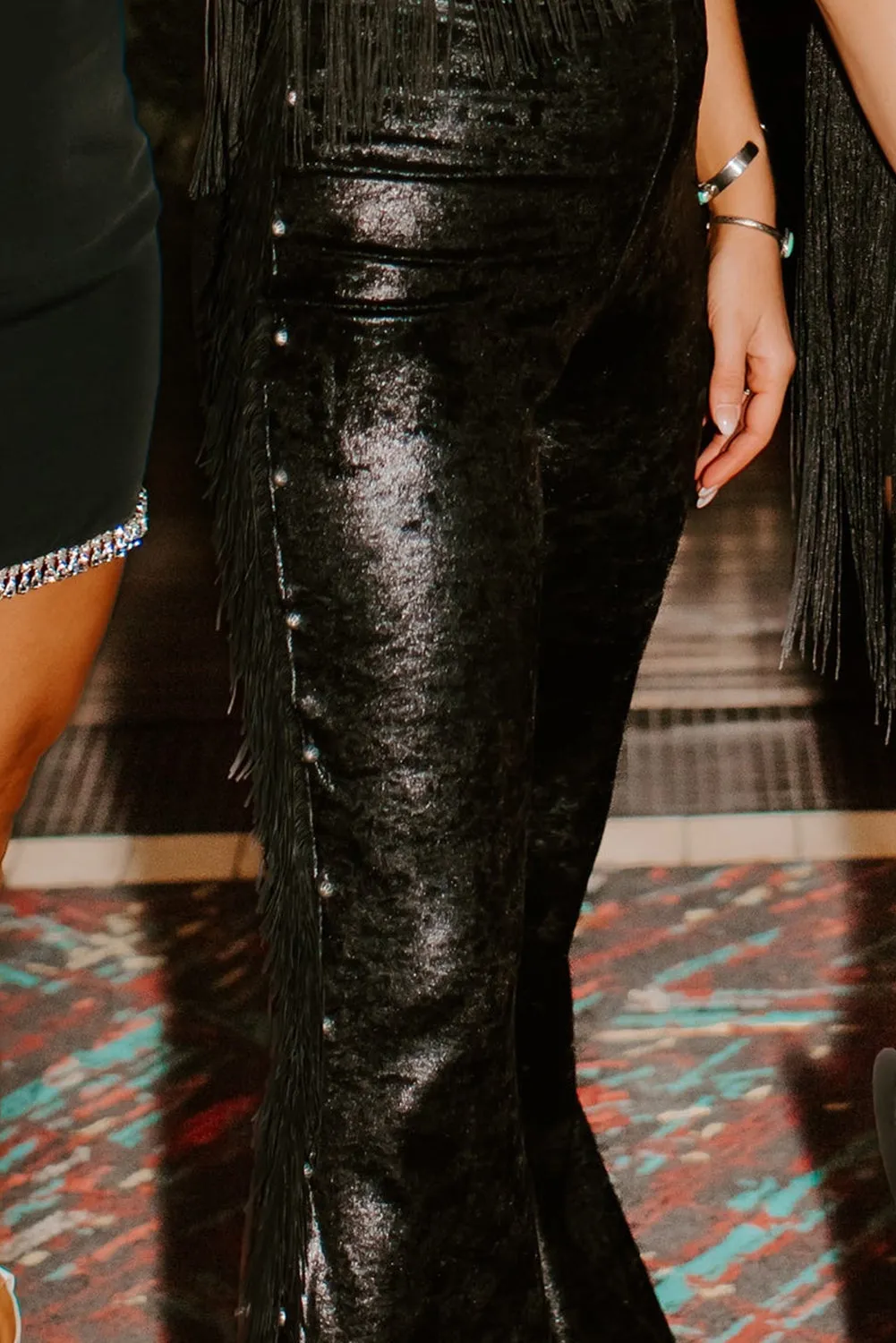 Black High Waist Faux Leather Side Beaded Tassel Flared Pants