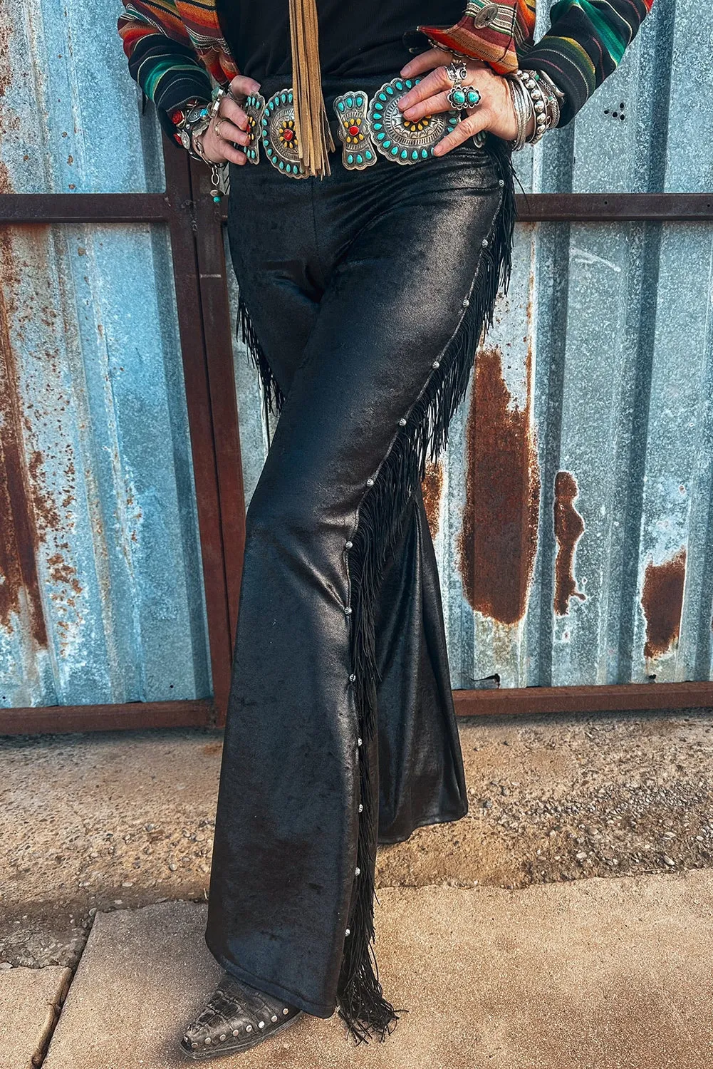 Black High Waist Faux Leather Side Beaded Tassel Flared Pants
