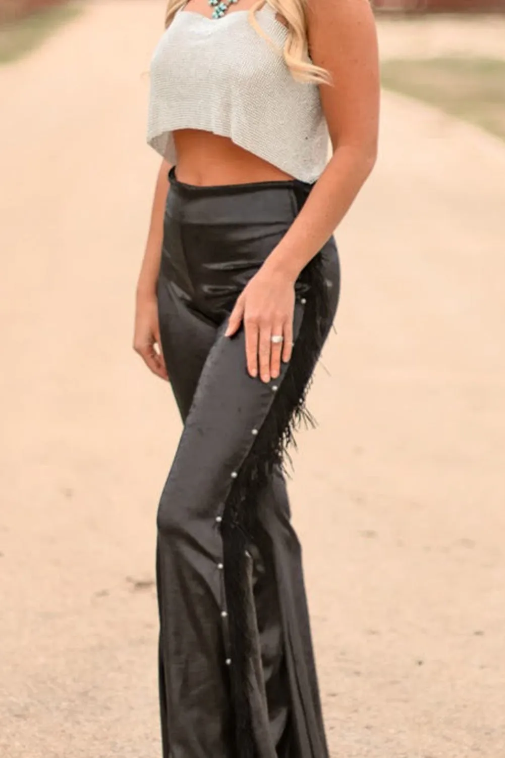Black High Waist Faux Leather Side Beaded Tassel Flared Pants